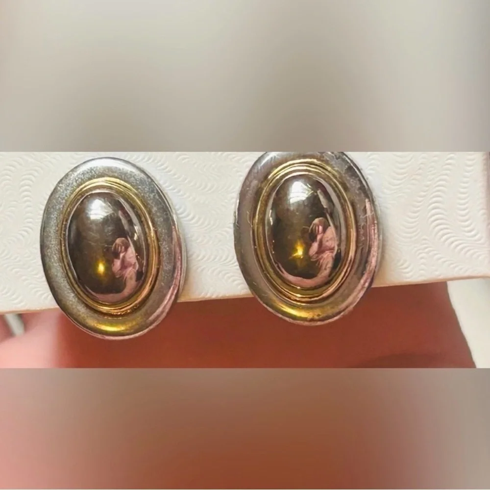 Vintage Earrings Clip On Gold Silver Signed Earrings Chunky Two Tone Jewelry LC